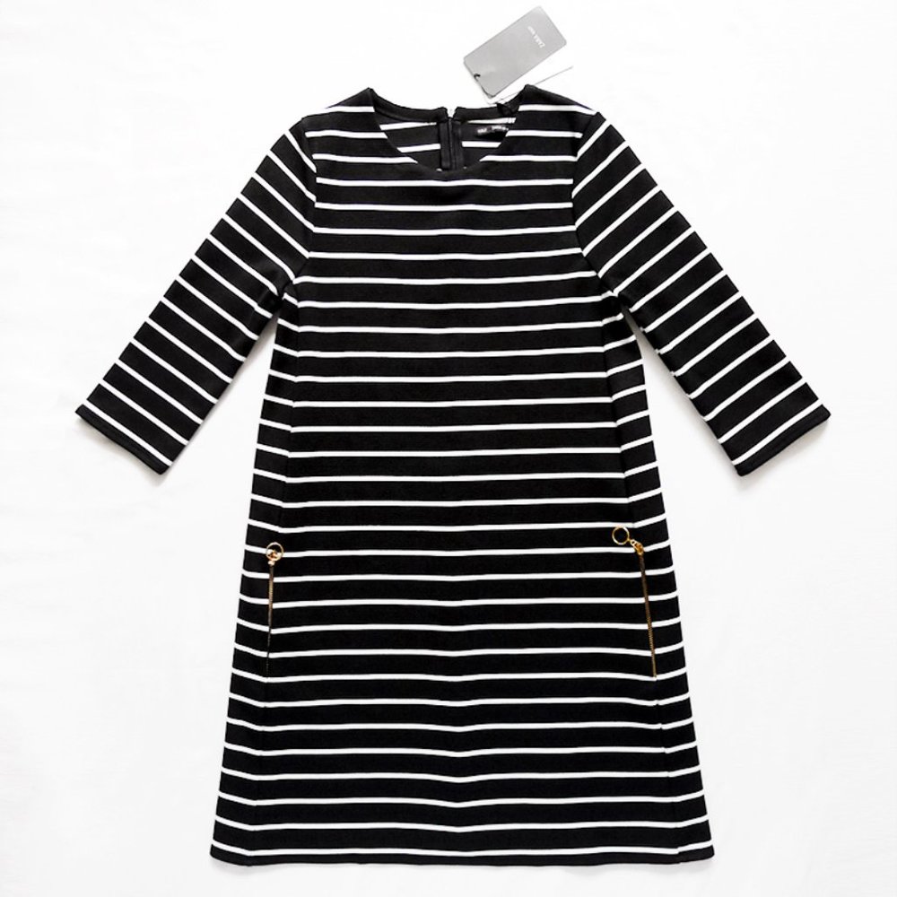 NEW WITH TAG ZARA Knit 3/4 Sleeve Striped Gold Ring Zip Dress + Pockets Small